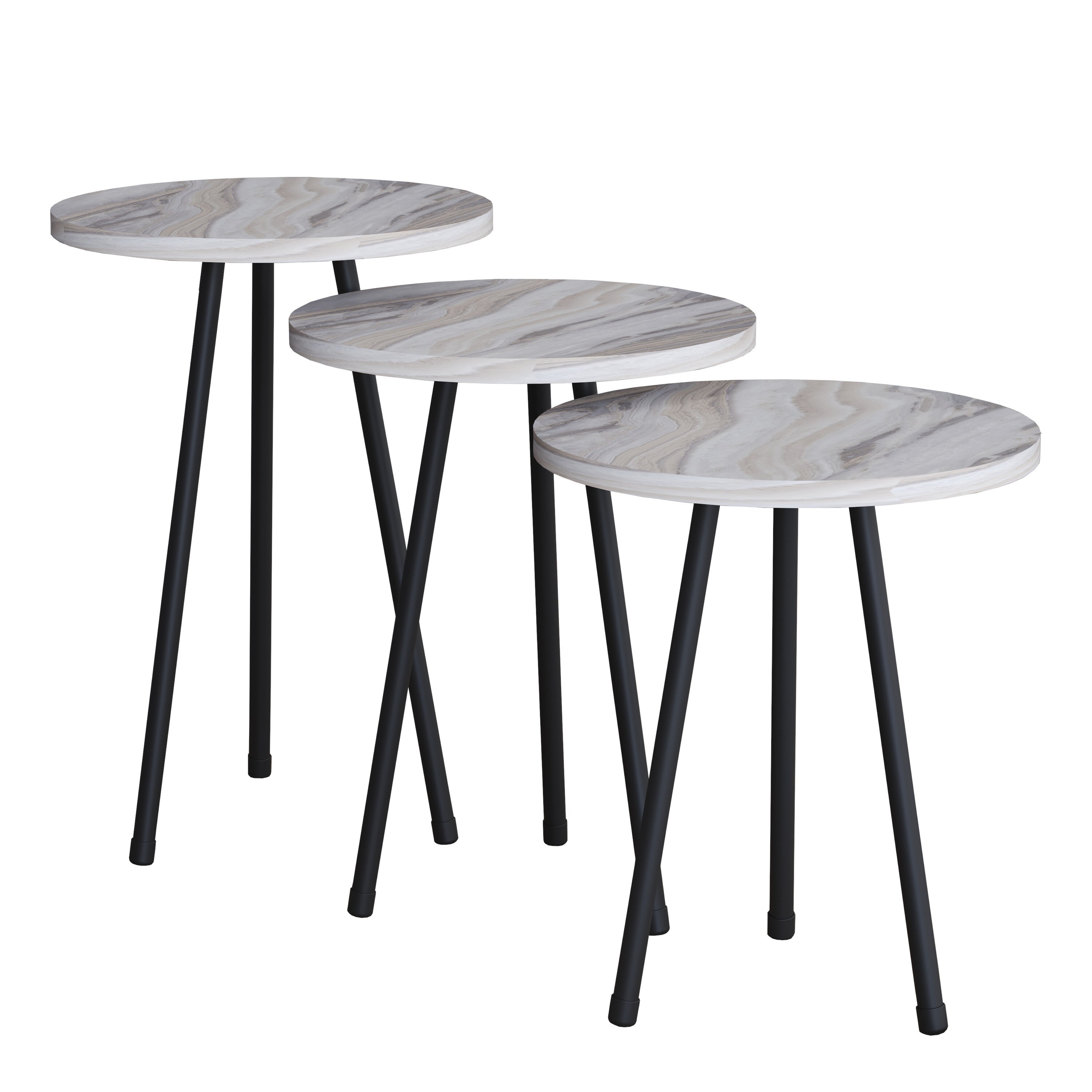 VCM 3 tlg. Set Holz rund Beistelltisch Mamor Optik Couchtisch Sofatisch Wohnzimmertisch Mirola