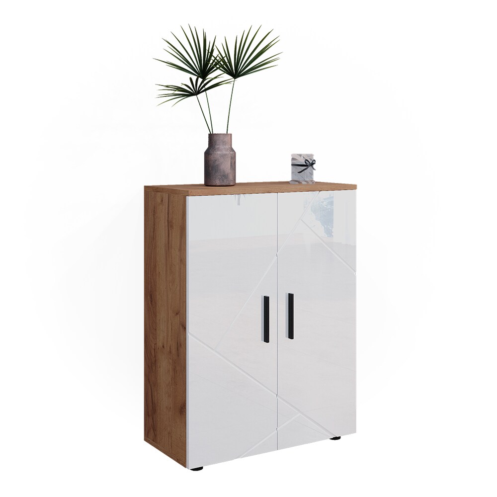 Vicco Badschrank Badezimmerkommode Badezimmermöbel Irma Eiche Weiß Hochglanz modern 60x81 cm Badezimmer Schrank Badmöbel 2 Türen 3 Fächer