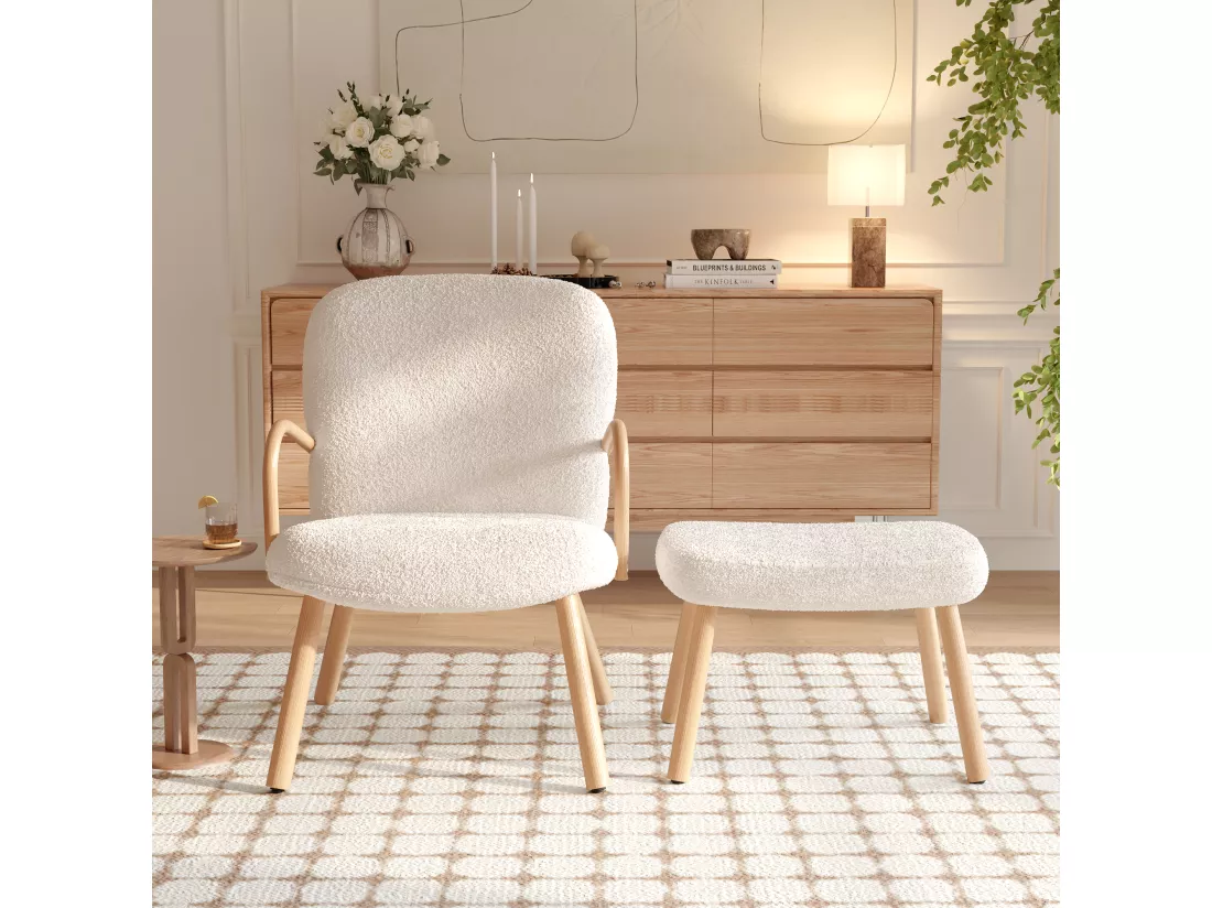 Ensemble 2 pièces, ensemble de chaises sherpa avec tabouret, design élégant, blanc