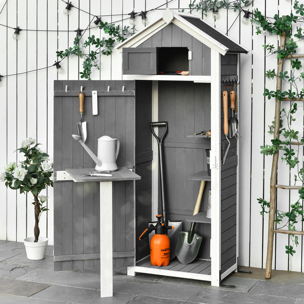 Armoire abri de jardin remise pour outils 4 étagères 9 crochets 2 porte loquets toit pente bitumé sapin gris blanc