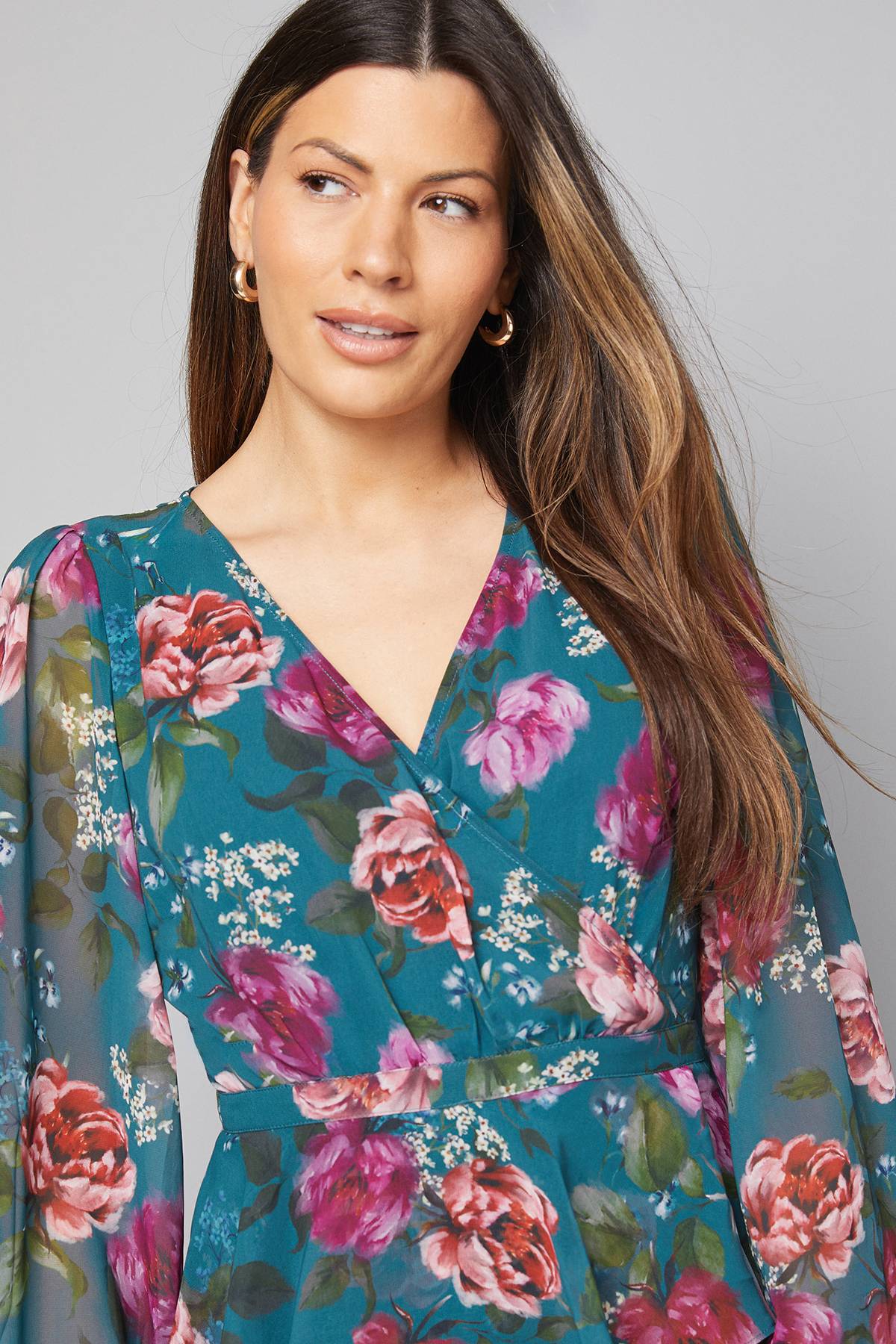 Wallis Robe Midi à Volants Péplum Fleurie
