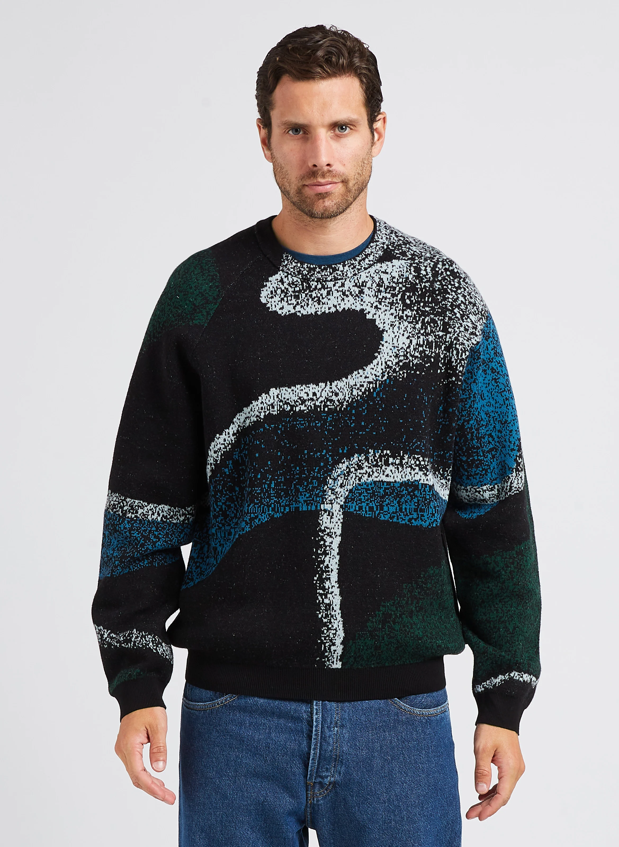 Pull à col rond droit imprimé en coton organique| Noir