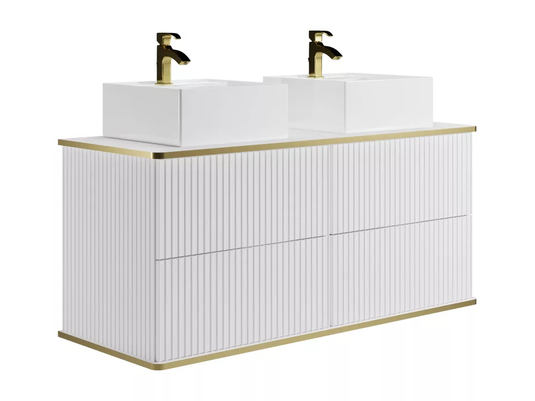Meuble de salle de bain suspendu strié liseré doré avec double vasque à poser carrée - Blanc - 120 cm - KELIZA