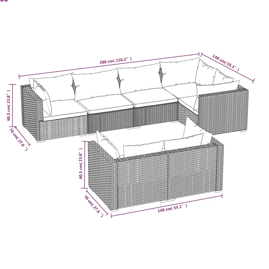 Salon de jardin meuble d'extérieur ensemble de mobilier 7 pièces avec coussins gris résine tressée