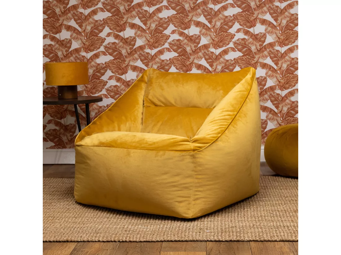 Pouf fauteuil velours jaune ocre - NATALIA