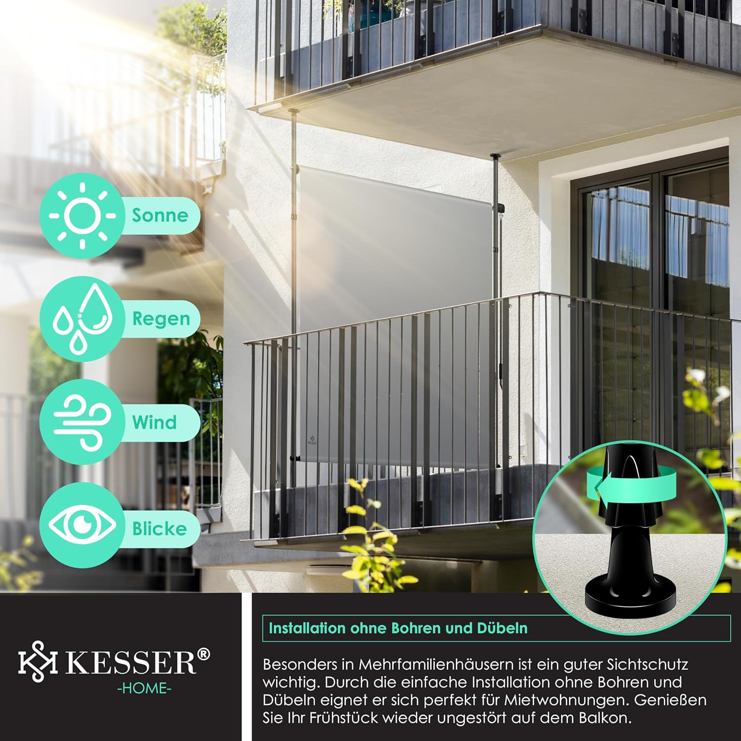 KESSER® Klemmmarkise Senkrechtmarkise 200x310cm Ausziehbar & Blickdicht Vertikalmarkise mit Handkurbel ohne Bohren Balkon-Sichtschutz & Windschutz für Garten & Terrasse Wasserfest Grau
