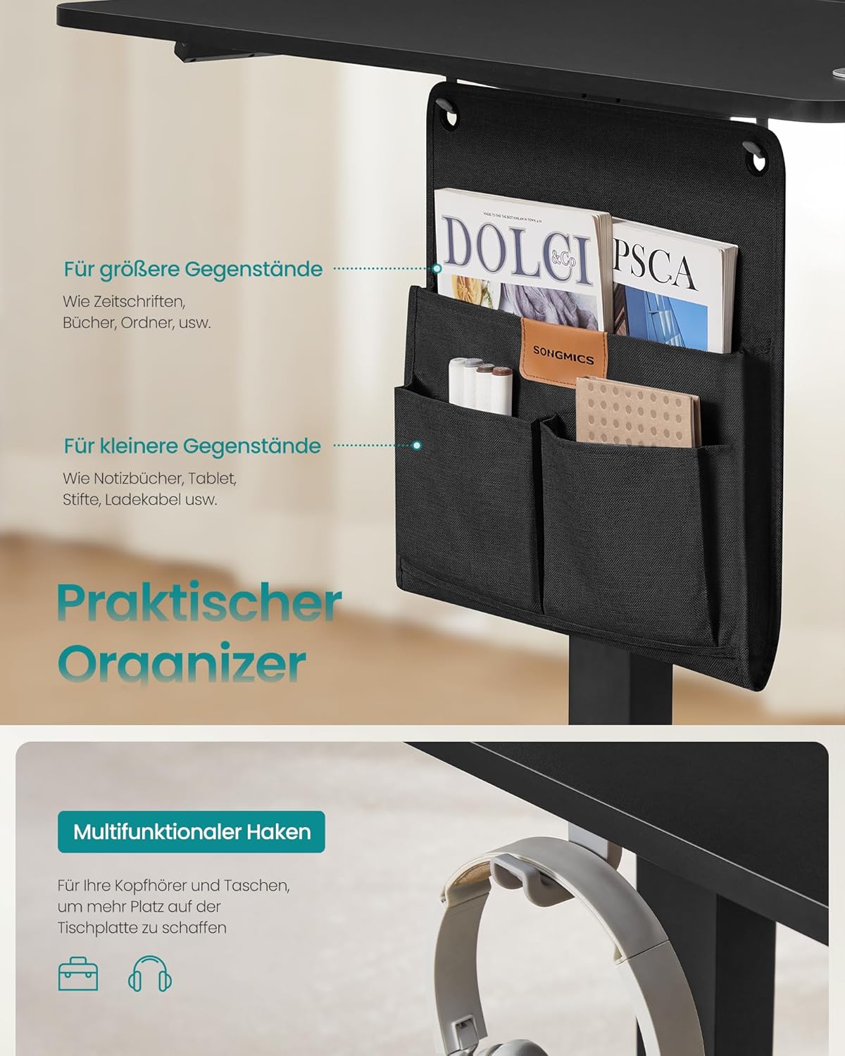 SONGMICS Höhenverstellbarer Schreibtisch elektrisch, 180 x 80 cm, Memory-Funktion mit 4 Höhen, USB-C-Anschluss, tintenschwarz LSD138BZ01