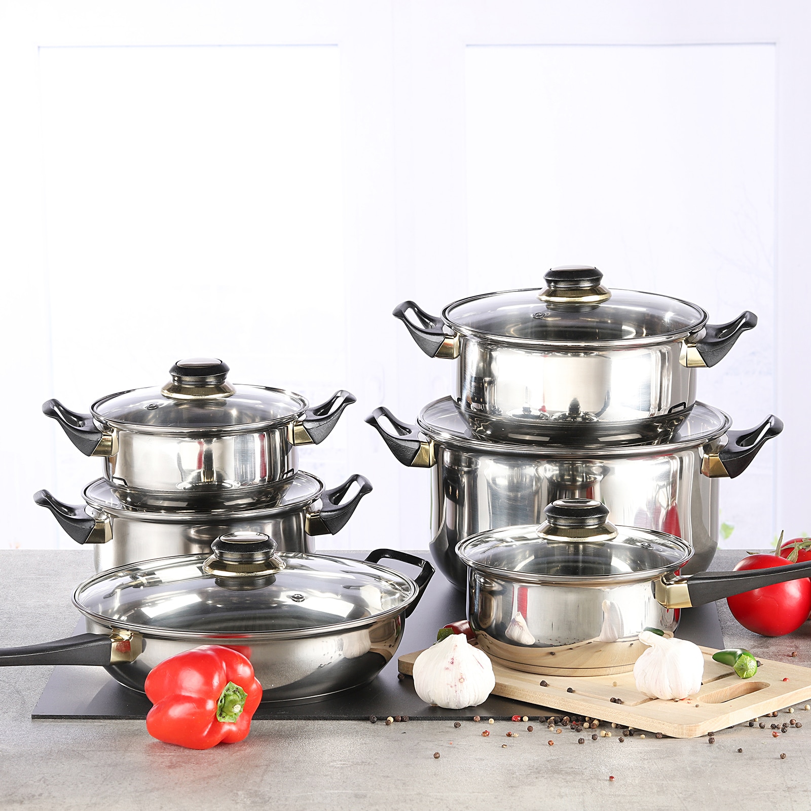 HI Koch Topf Set 12 tlg. Glas Deckel Geschirr Pfanne Kasserolle Griff Edelstahl