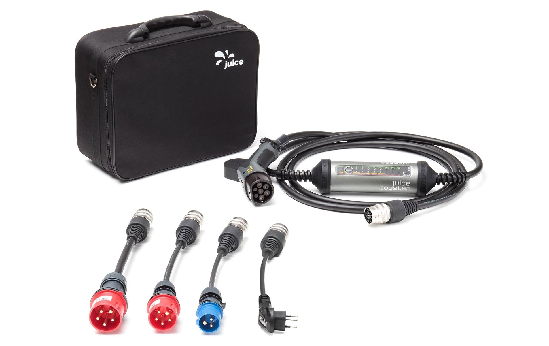 Mobile Wallbox JUICE BOOSTER 2 Swiss Traveller Set<br>Die flexible 3-in-1-Ladelösung für Elektrofahrzeuge für zuhause oder unterwegs