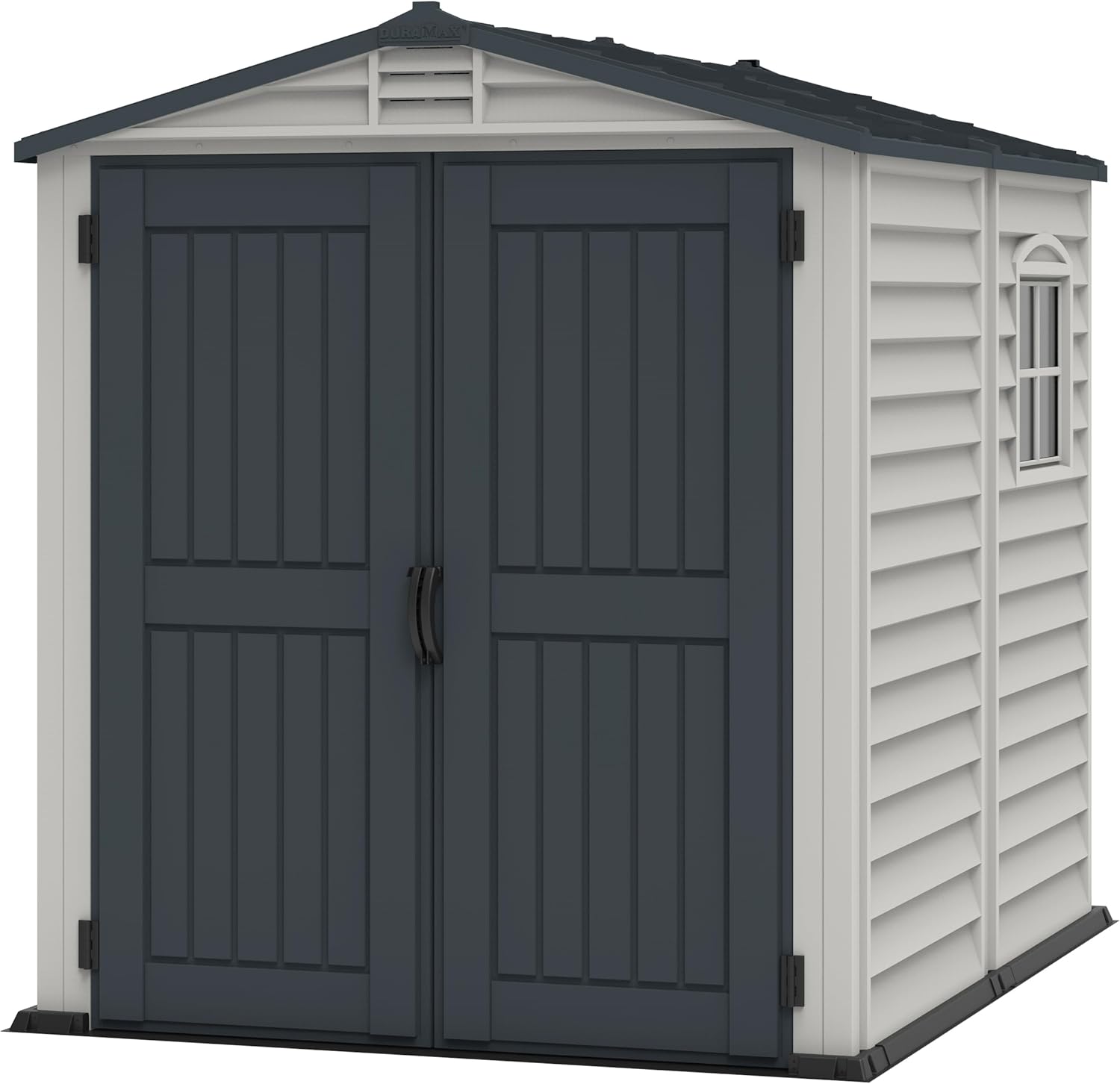 Duramax StoreMate PLUS 6 x 6 (3.65 m²) Kunststoff gerätehaus mit robustem Kunststoffboden und 1 festen Fenster, robuste Metalldachkonstruktion, feuerhemmend und wartungsfrei, Dunkelgrau & Adobe