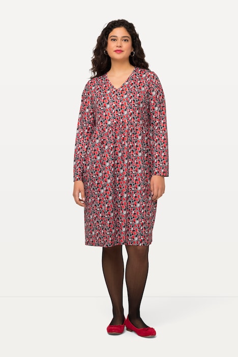 Kleid, kurz, Jersey mit Allover Print, V-Ausschnitt, Langarm