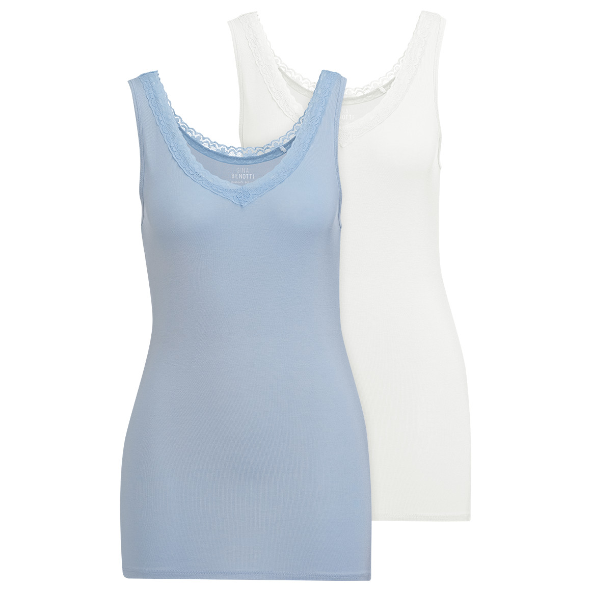 Gina Benotti 2 Damen Unterhemden mit Spitze hellblau / weiss