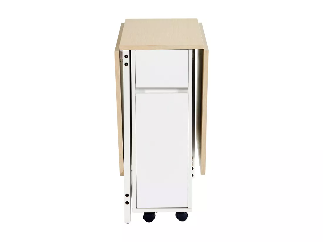 Ilot central de cuisine avec 4 tiroirs et étagères ouvertes - Plateau extensible - 110(214)x78x97.5 cm - 2 à 6 personnes - Blanc+naturel