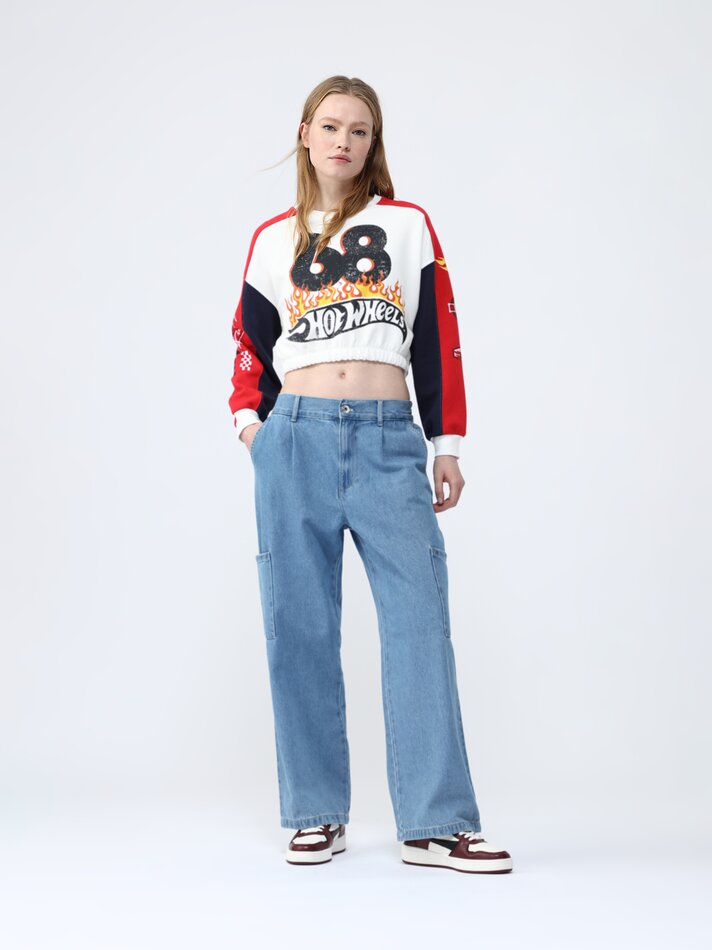 Moletom cropped Hot Wheels da Mattel - Vermelho/Azul Marinho