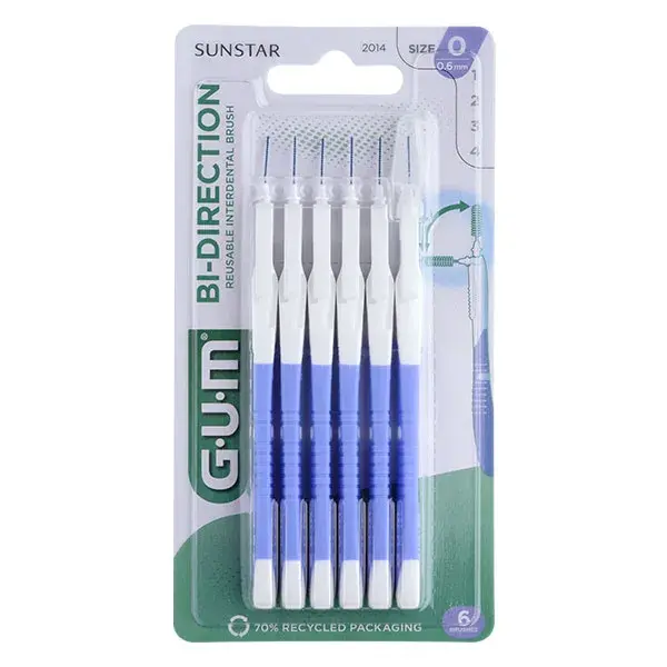 Escova interdental bidirecional para gengiva, 0,6 mm, azul lavanda, 6 unidades.