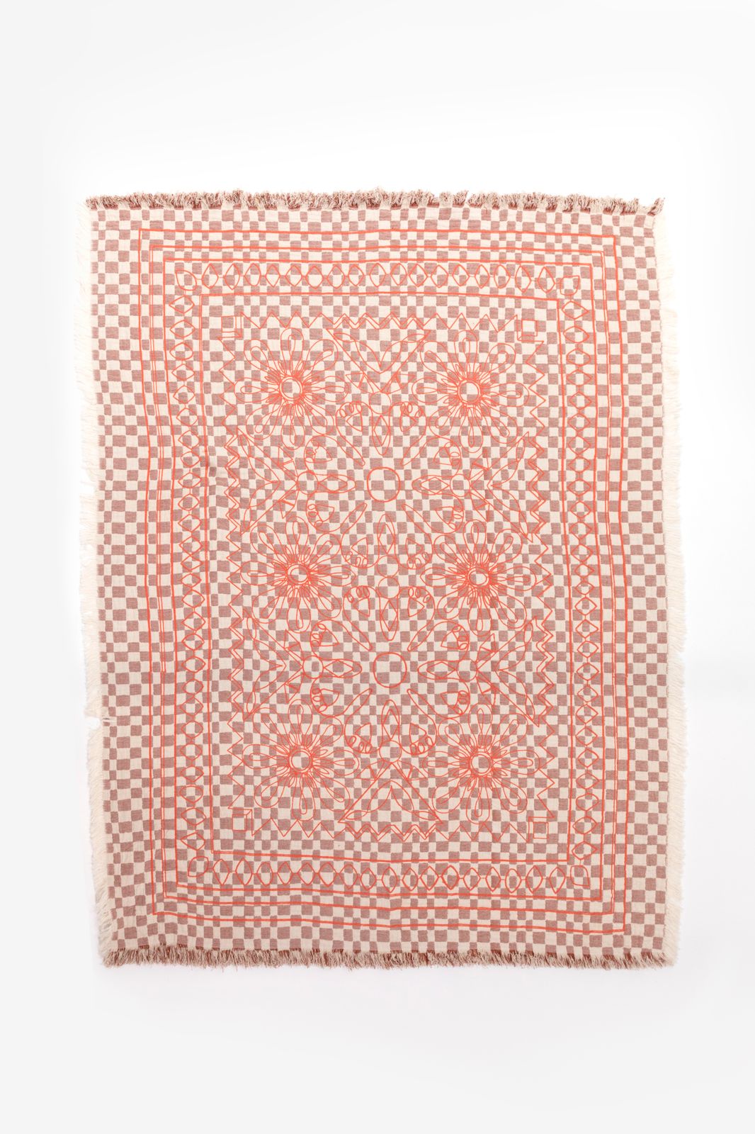 Oranje geblokt deken met borduurring (130x180 cm)