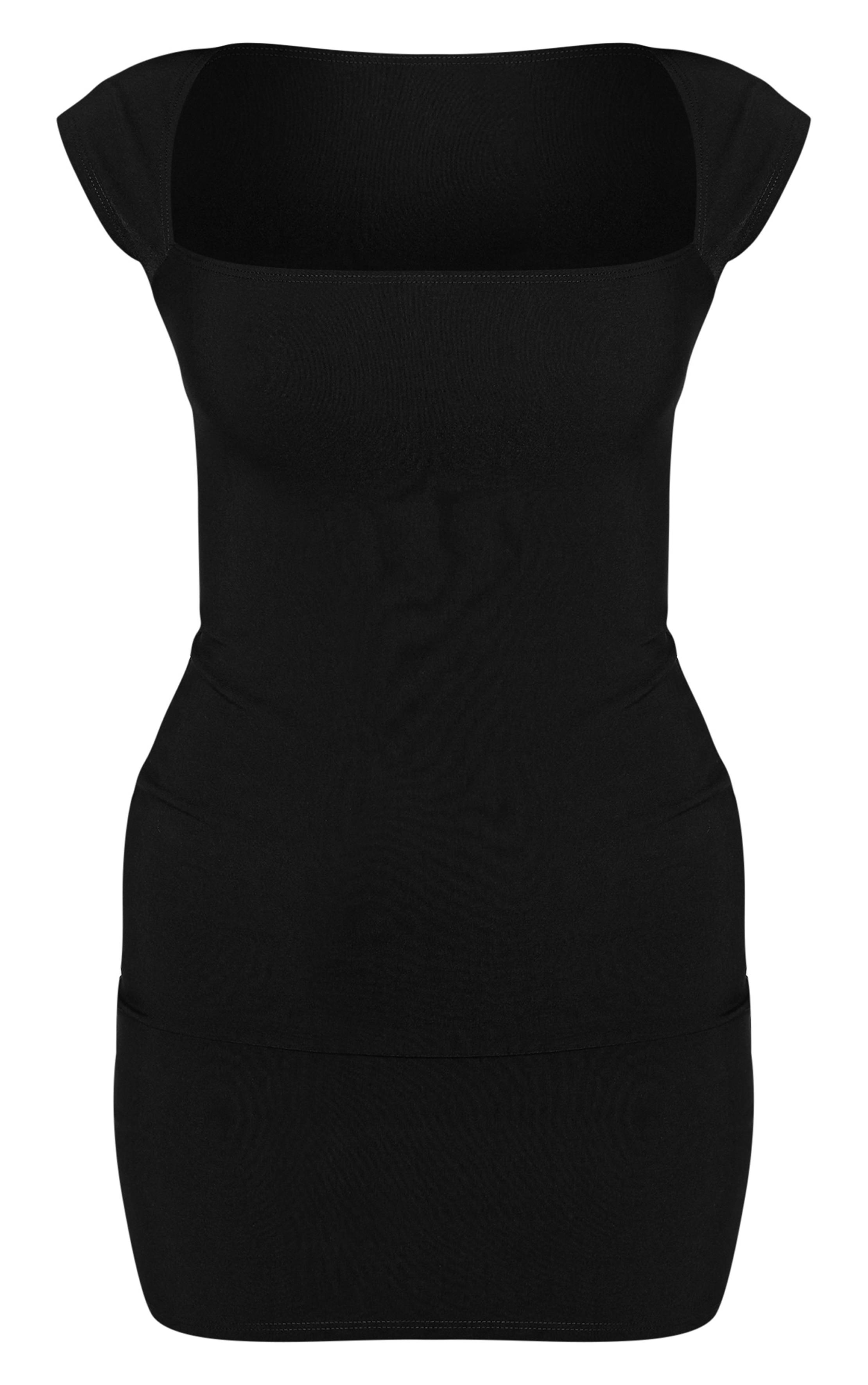 Noir Robe Courte À Manches Courtes Et Encolure Carrée En Tissu Stretch