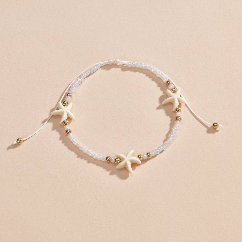 (180-330mm) Perlen Fusskette Sommer Modeschmuck Boho Anklet Fuss Kettchen mit Seestern - Weiss / Gold