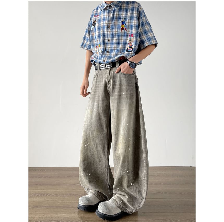 Filmas - Mid Rise Splash Print Washed Wide Leg Jeans