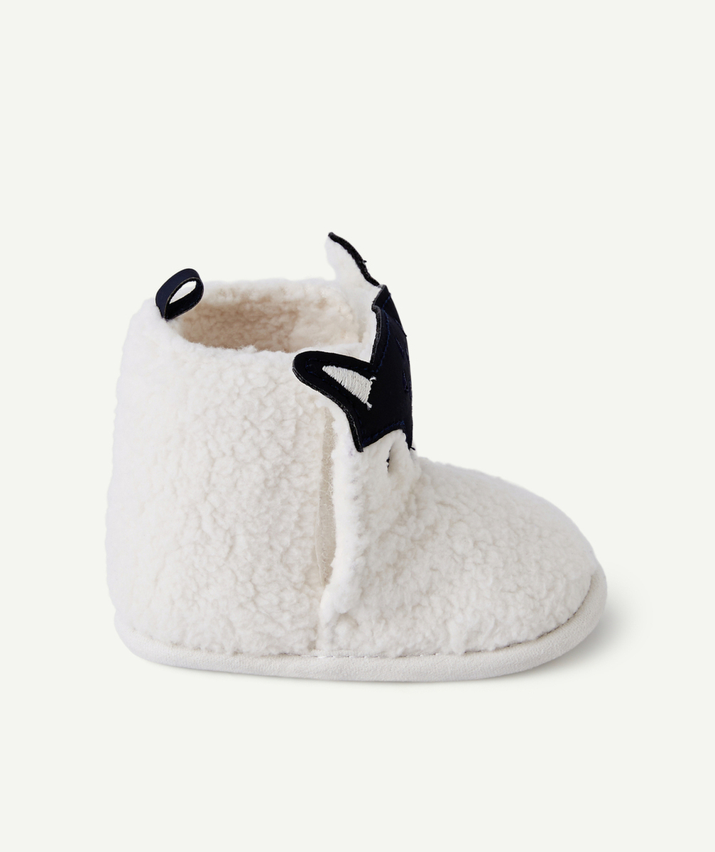 CHAUSSONS MONTANTS BÉBÉ GARÇON EN SHERPA ÉCRU AU MOTIF RENARD