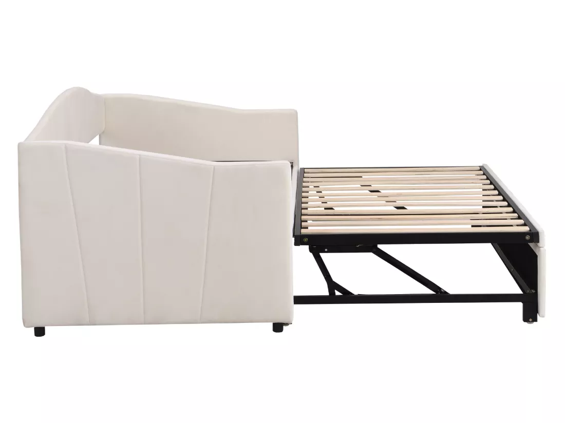Lit gigogne - 2 x 90 x 200 cm - velours - sommier à lattes - coloris beige