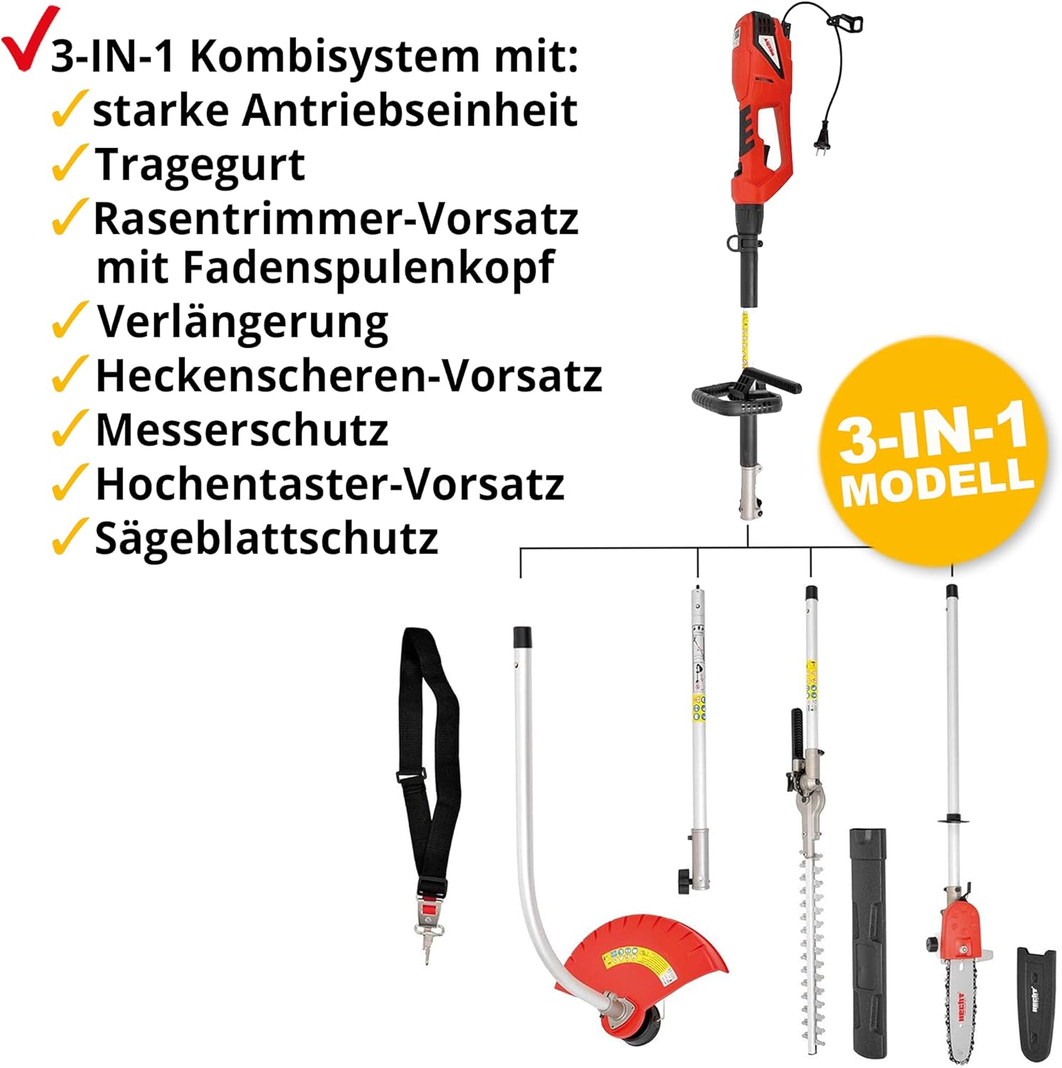 HECHT 3 -IN-1 Elektro Multifunktionsgerät – Rasentrimmer, Hochentaster und Heckenschere in Einem – 900 Watt Starke Gartenwerkzeuge im Set mit Verlängerung für den Garten (Hecht Multitool Rot)