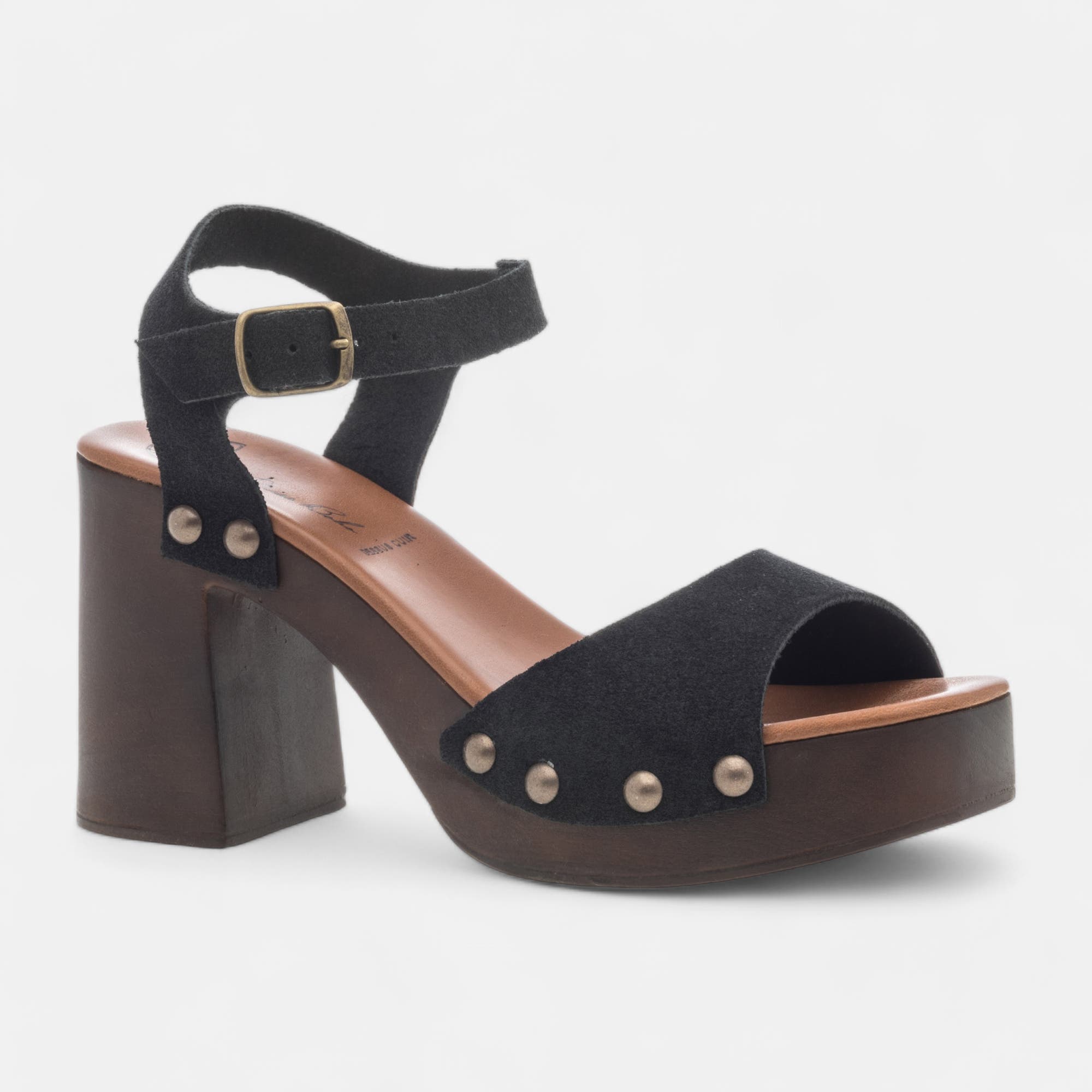 Chaussures semelle bois à talon Femme en cuir noir