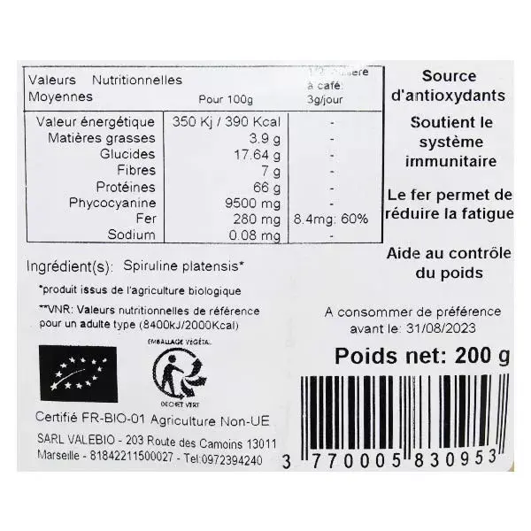 Valebio Espirulina Orgânica em Pó 200g