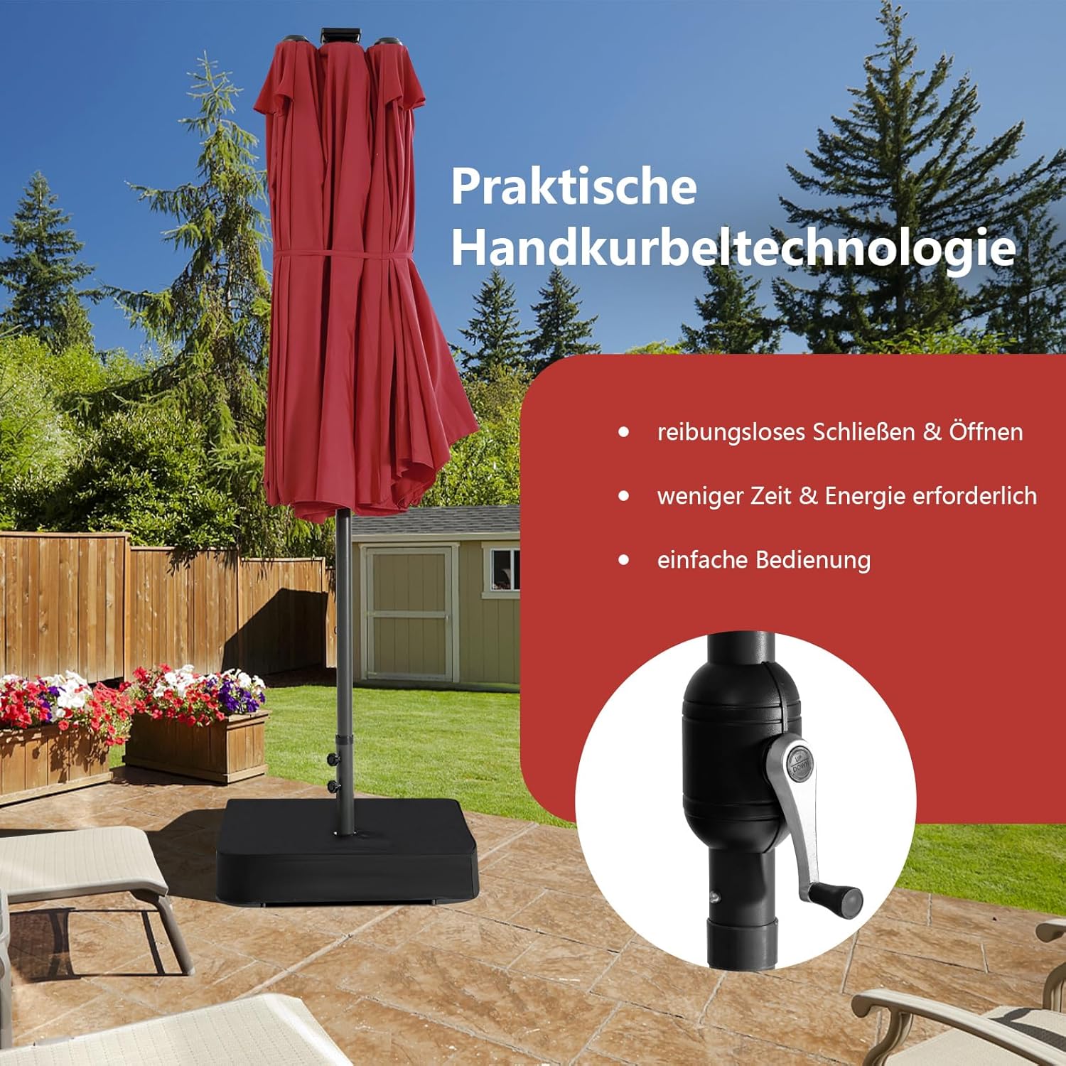 COSTWAY Doppelsonnenschirm mit Ständer und LED-Solar-Beleuchtung, 450 x 260 cm, Sonnenschirm Groß XXL, UPF 50+, Gartenschirm mit Kurbel, Terrassenschirm, Marktschirm für Garten, Terrasse (Rot)
