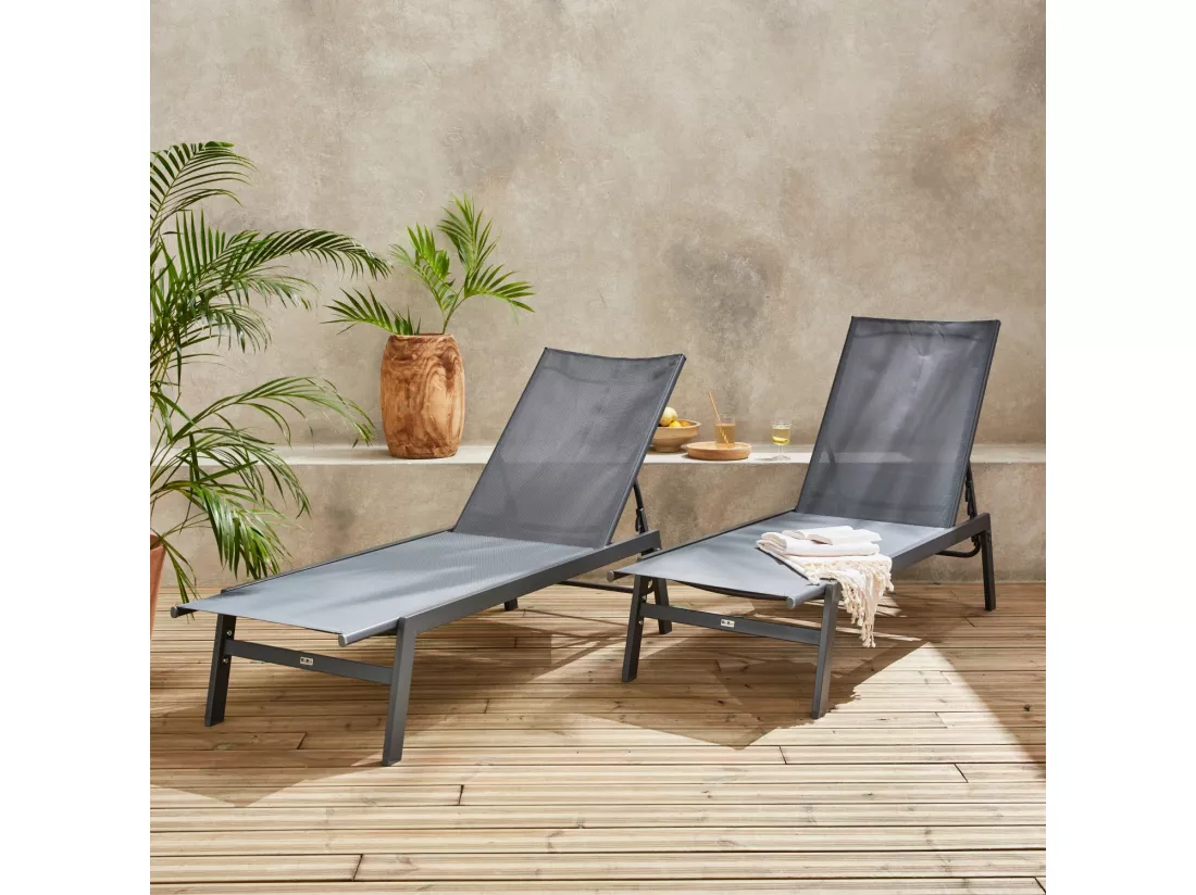 Lot de 2 transats anthracite. 5 positions. en textilène et métal. FLORA. L155 x P59 x H106cm