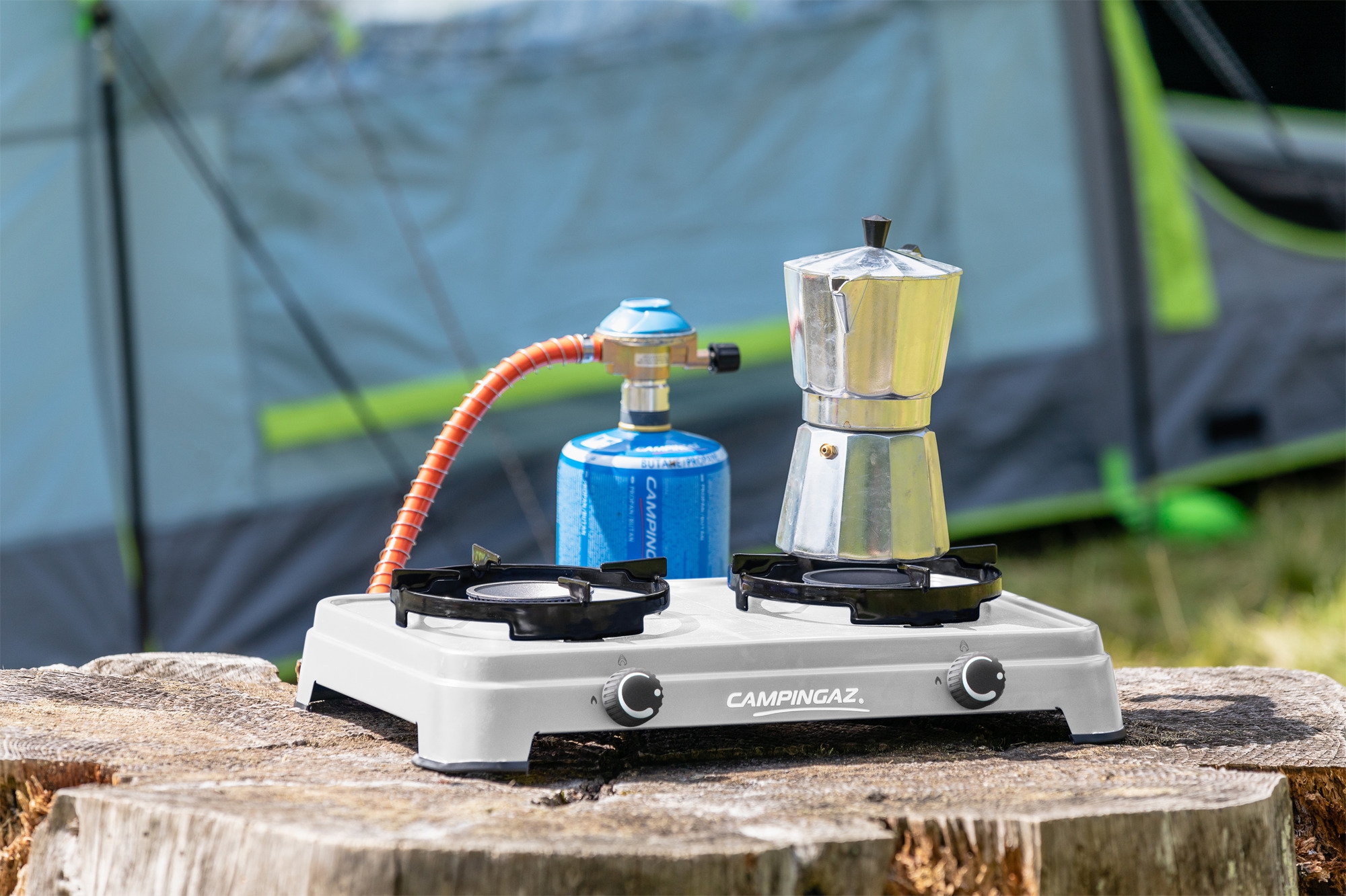 Campingaz Camping Cook Gaskocher mit Schlauch &amp,  Regler für CV- Kartusche, 2-flammig