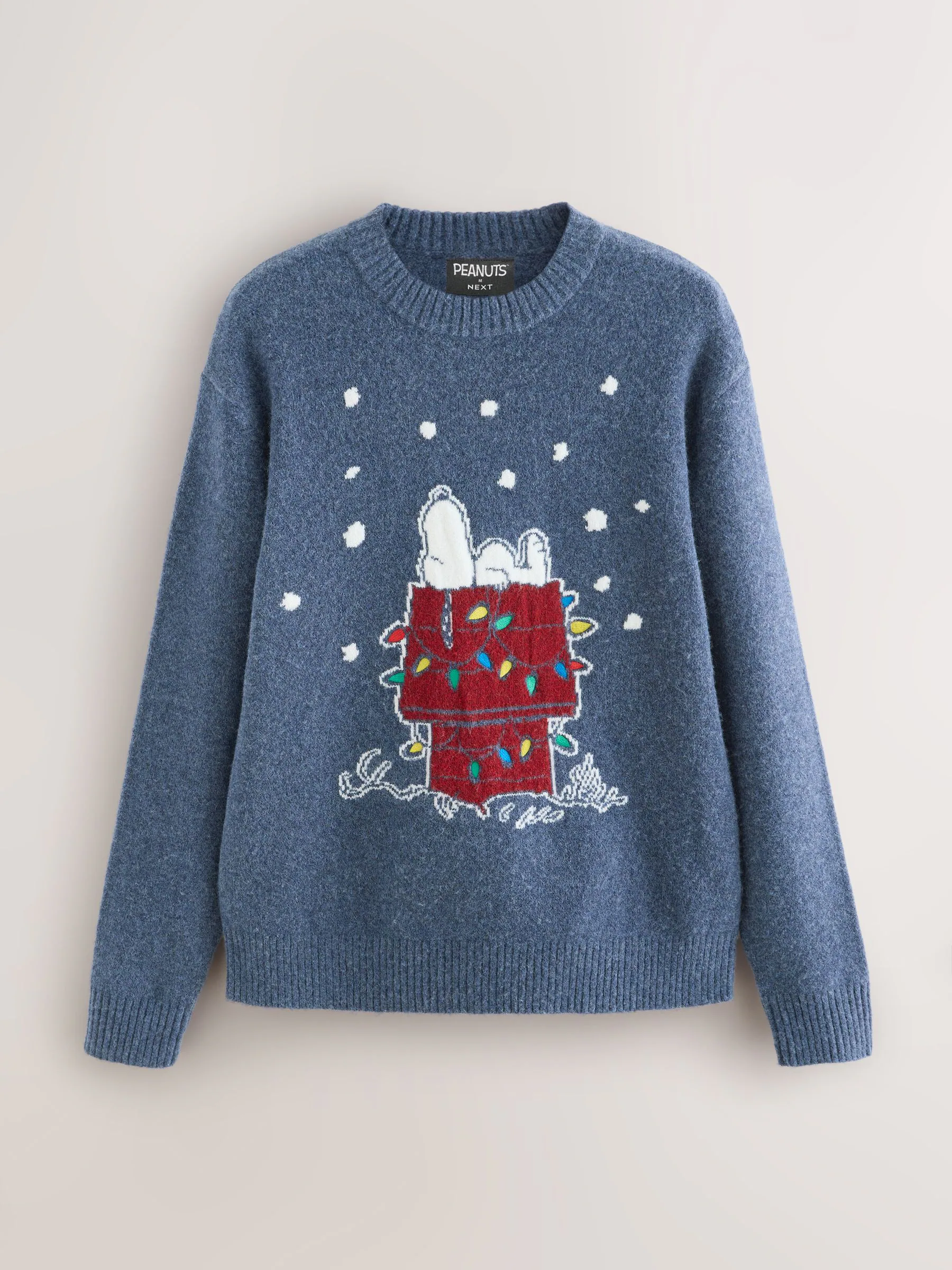 Blauw - Regular Fit Snoopy Christmas Crew Neck Jumper with Wool