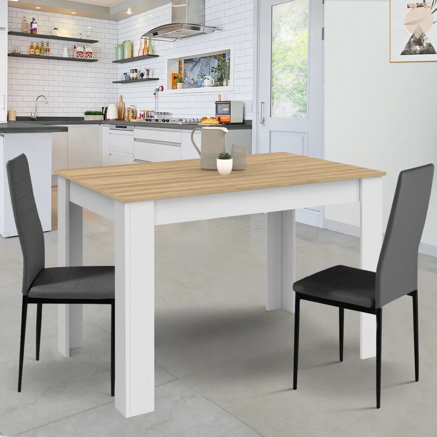 Table à manger rectangle ROZY 6 personnes blanc plateau façon hêtre 110 cm