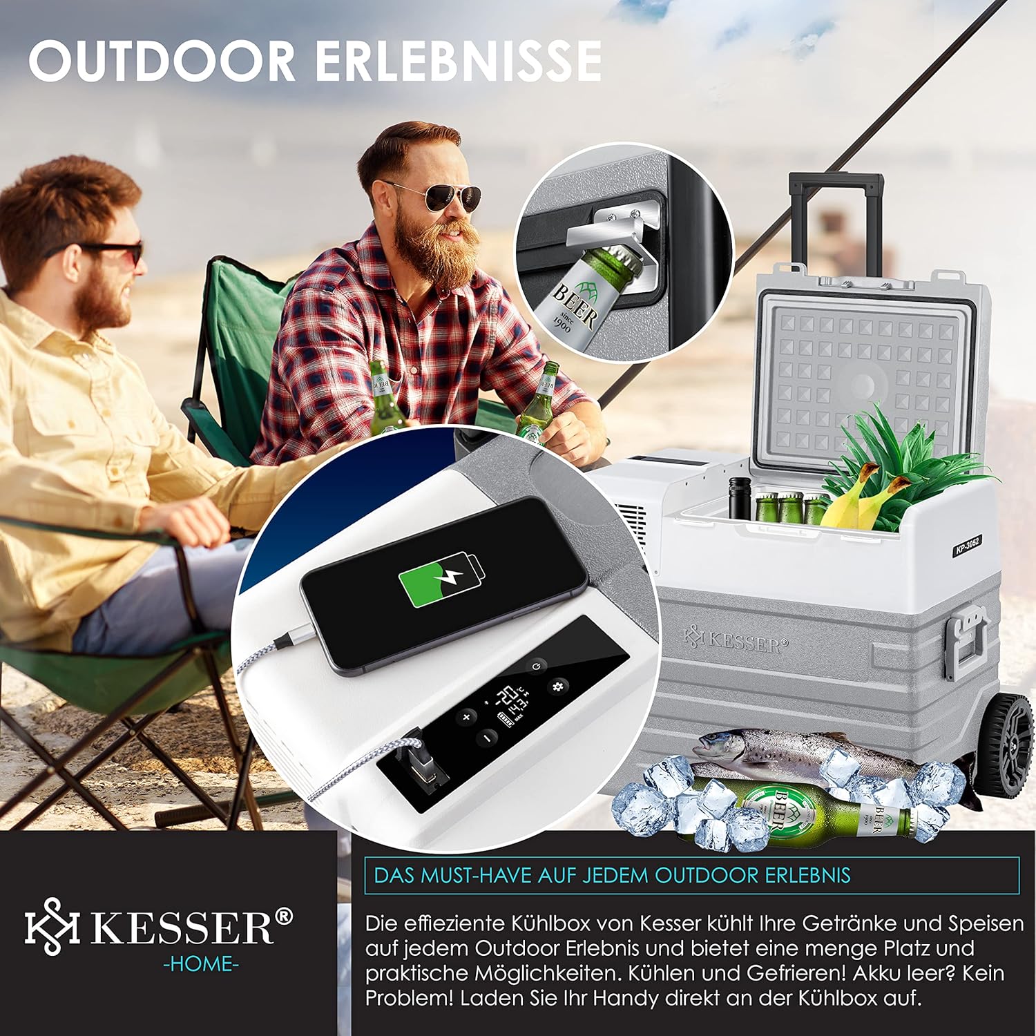 KESSER® Kompressor Kühlbox elektrisch Gefrierbox, 52 Liter Mit APP-Steuerung USB-Anschluss 12/24 V 230V, +Teleskopstange, 2x Kühlbox Räder Kühlschrank Kühlung bis -20 °C für Auto, Lkw, Boot + Kühlakku
