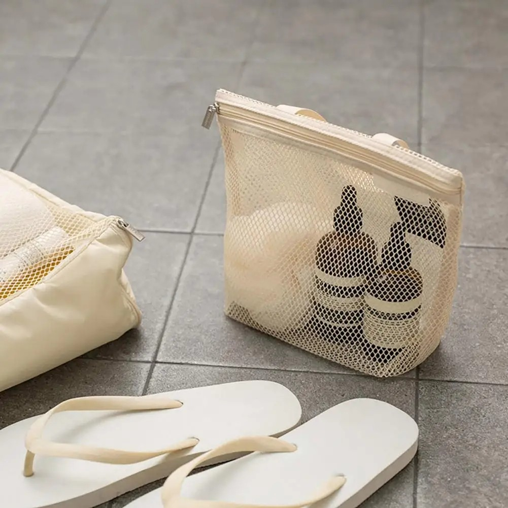 (22x20cm) Mesh Reise Kulturbeutel Necessaire Dusch Organizer Bag mit Reissverschluss - Beige