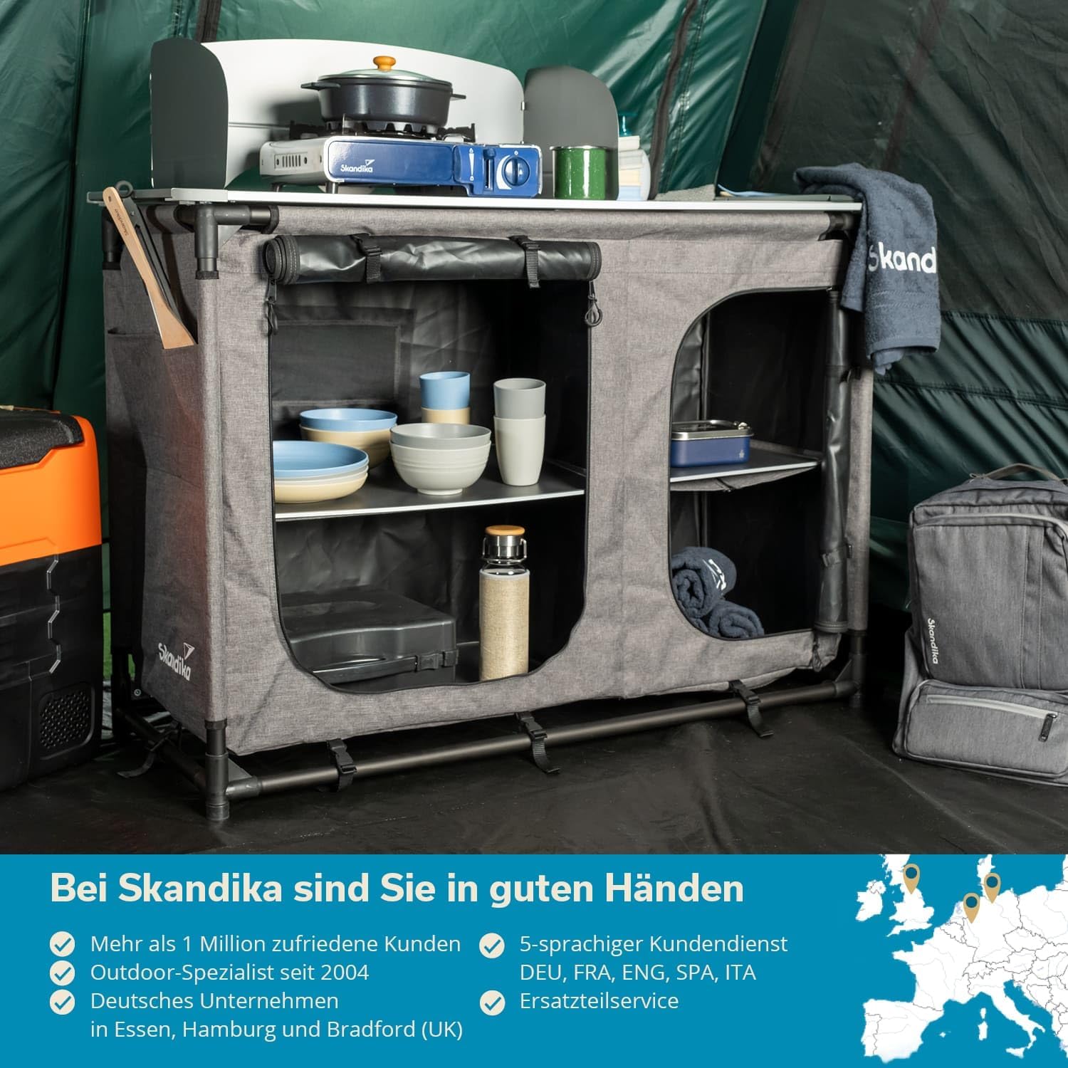 Skandika Campingküche Ruoka | Hochschrank/Küchenschrank mit Spüle & Wind- und Spritzschutz, Staufächer mit Einlegeböden, Tragetasche, Outdoorküche, Campingschrank | Outdoor Camping Küche, Reiseküche