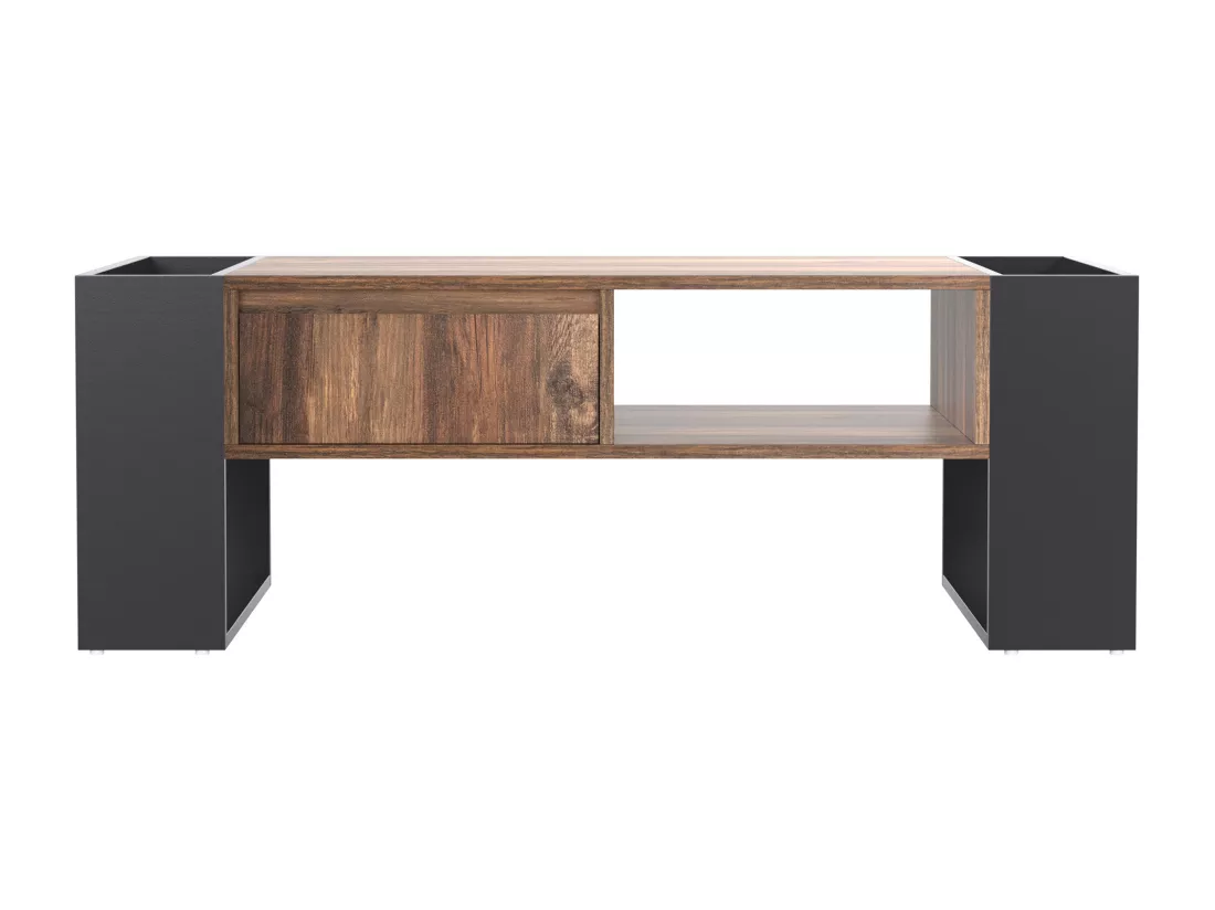 Table basse effet bois 1 tiroir niche ouvert et rangement des 2 côtés anthracite XUGZOIRS