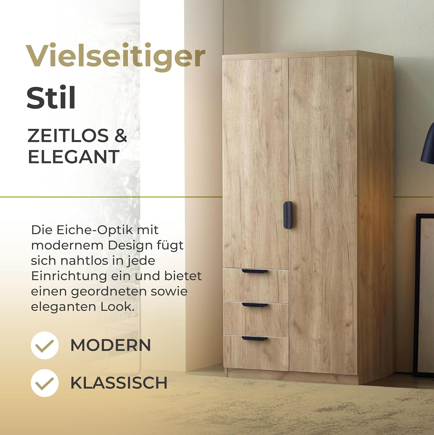 [en.casa] Kleiderschrank Eiselfing Schrank mit 2 Türen Garderobenschrank 176 x 80 x 52 cm Schlafzimmerschrank 1 Kleiderstange 4 Fächer 3 Schubladen Eicheoptik