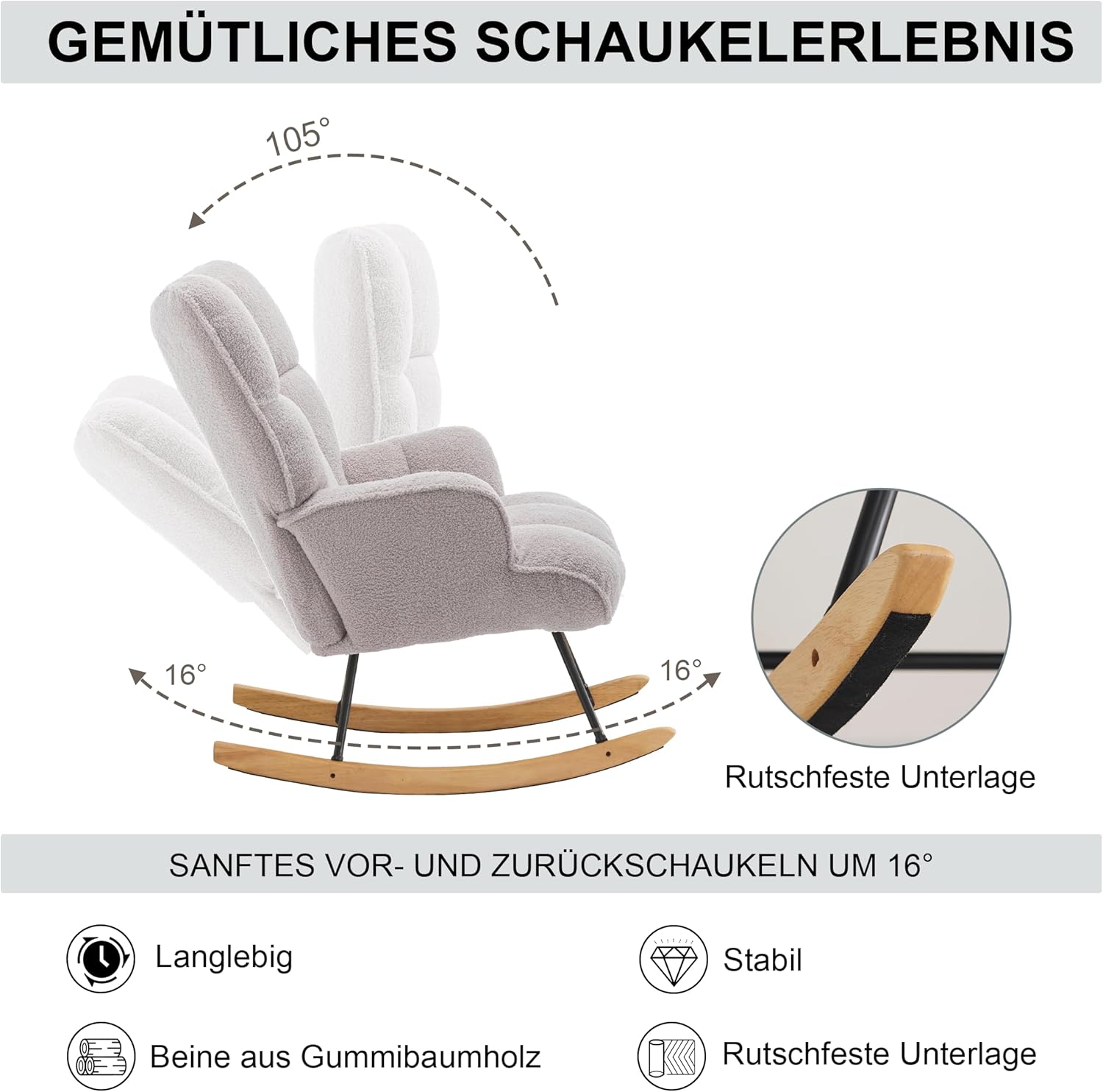 Schaukelstuhl Stillsessel Schaukelsessel mit Armlehnen Gepolsterter Schwingsessel Stillstuhl Sessel Relaxsessel für Wohnzimmer Schlafzimmer Babyzimmer, Bis 136 kg Belastbar, Grau
