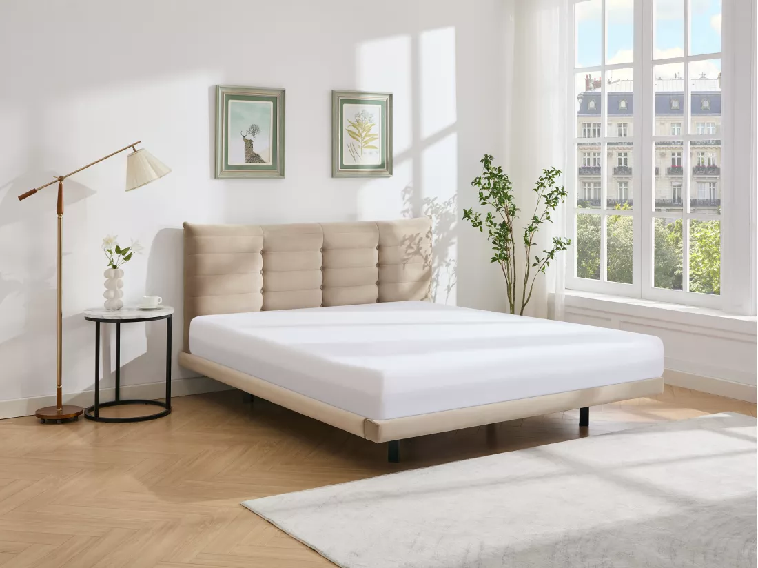 Lit 160 x 200 cm avec tête de lit capitonnée - Velours - Beige - NISATIO