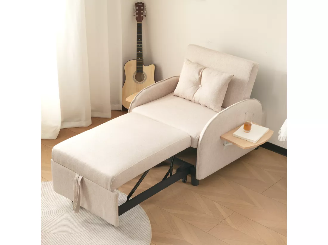 Fauteuil escamotable en lin - avec tables d'appoint pliantes - Beige