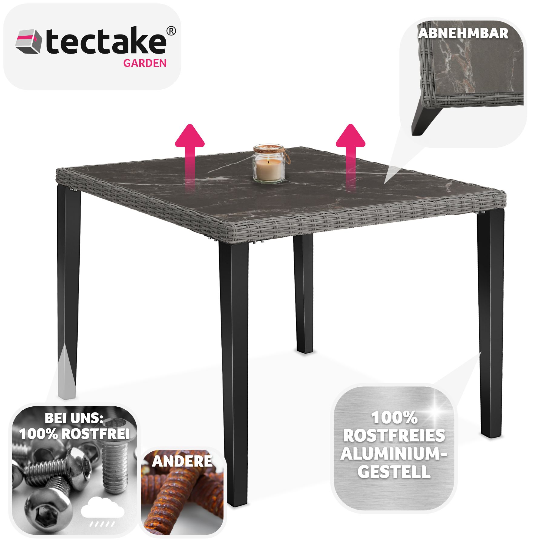 tectake® Rattan Tisch, mit Aluminium- und Holzgestell, wetterfest und UV-beständig, 93,5 x 93,5 x 75 cm