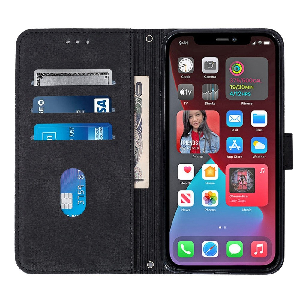 iPhone 14 Pro Necklace Leder Tasche Flip Cover Geometrisches Imprint Muster - Schwarz