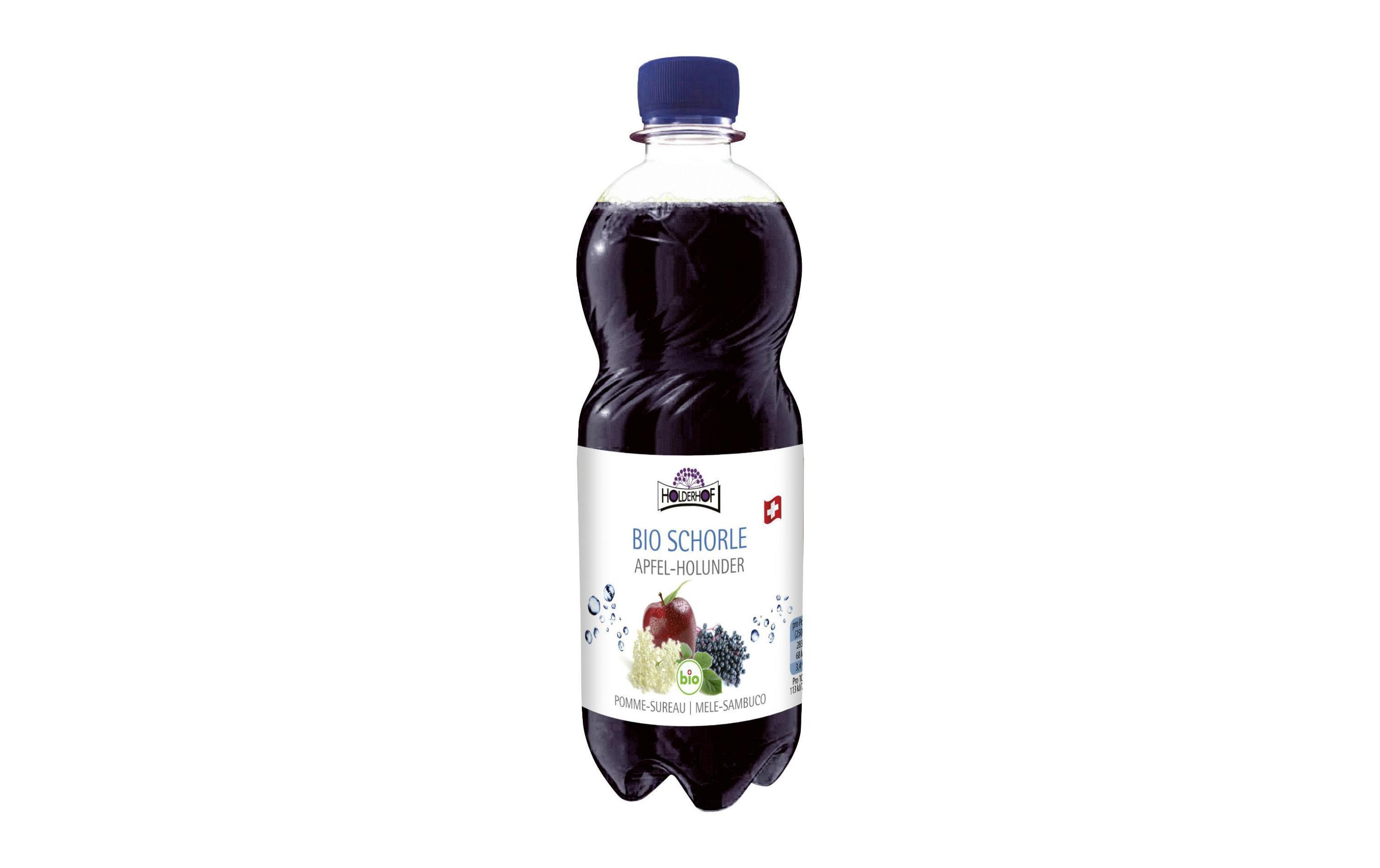 Soft-Drinks Bio Apfel-Holunderschorle 500 mlKohlensäurehaltiges Bio-Getränk mit Apfel- und Holundersaft