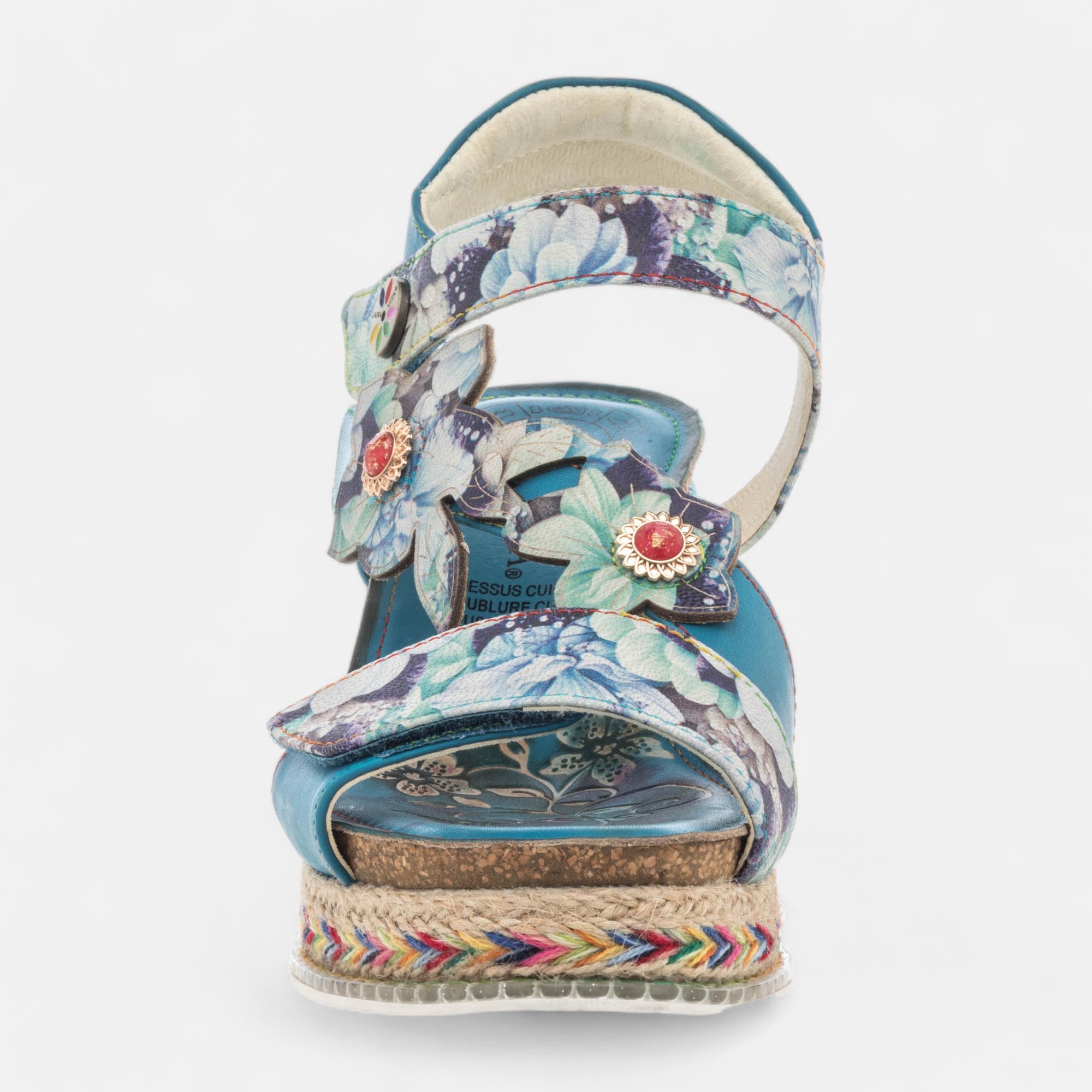 Sandales à talon compensé Femme en cuir turquoise
