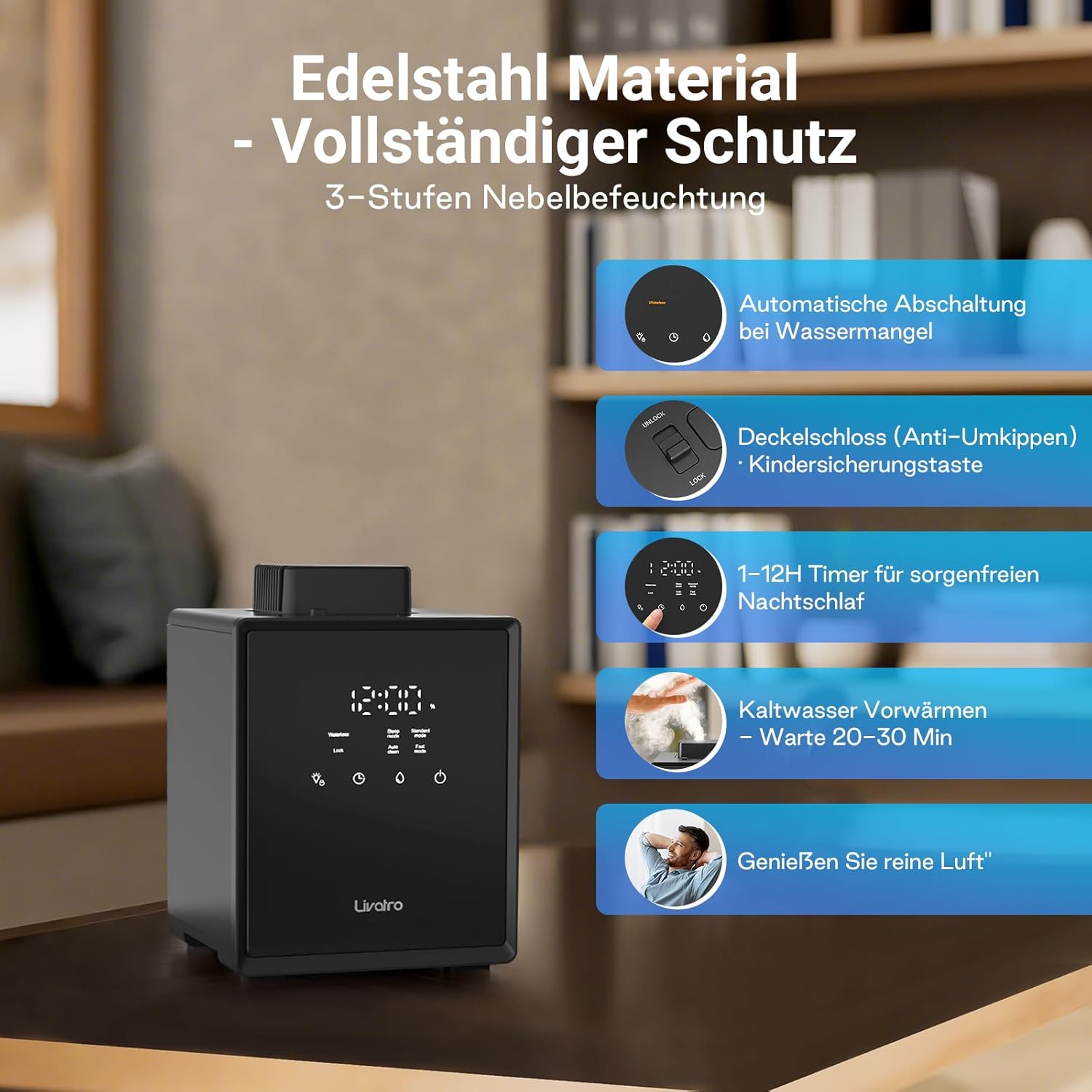 Luftbefeuchter Schlafzimmer Top-Fill, 3L Edelstahl Warmnebel Luftbefeuchter, Reduziert 99,97% der Bakterien, Für Schlafzimmer und Wohnzimmer, Spülmaschinenfest Humidifier,mit Schlafmodus