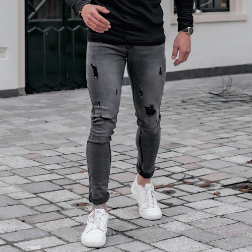 Jean Skinny Avec Déchirures 72148-U3 Gris Foncé Denim