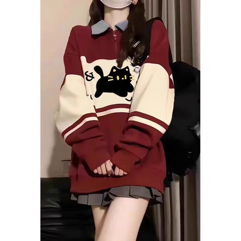 Dreamkura - Poloshirt met lange mouwen, halve ritssluiting en tweekleurige kattenprint