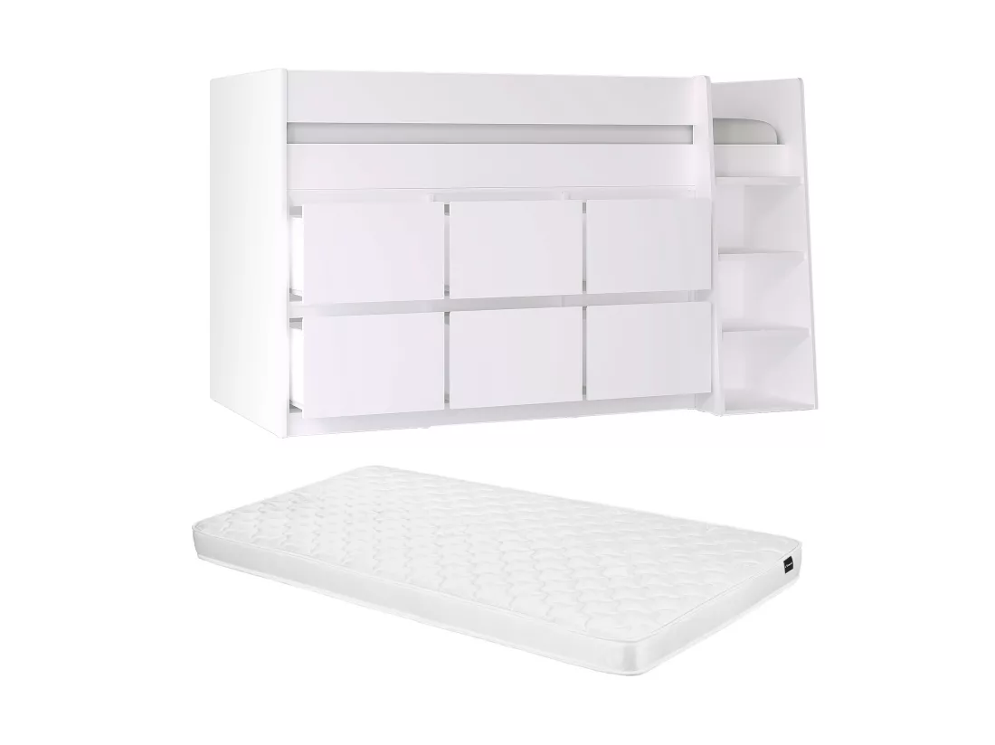 Lit mi-hauteur 90 x 190 cm avec 6 tiroirs - Blanc + Matelas - CAMALETI