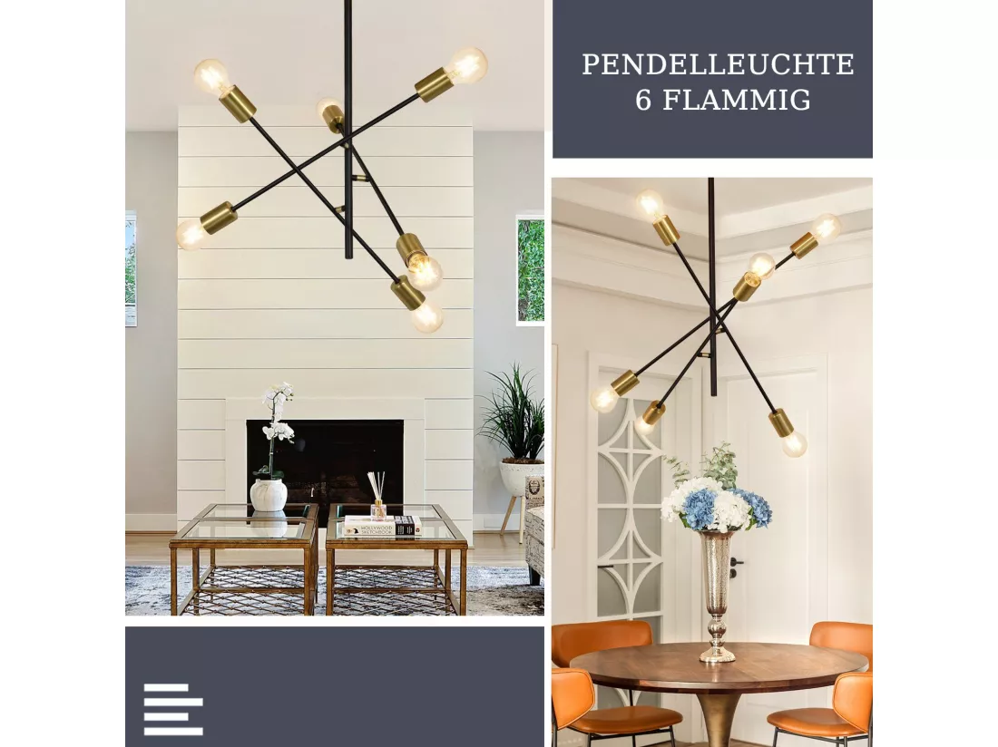 NETTLIFE Lustre De Plafond Pour Salon Suspension Vintage Avec 6 Lampes E27 Noires Style Industriel